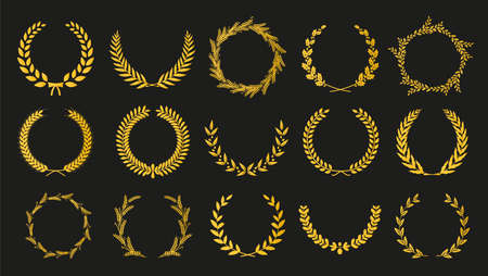 Golden vector laurel wreaths on black background. Set of foliate award wreath for cinema festival.Vector illustration.のイラスト素材