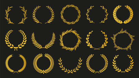 Golden vector laurel wreaths on black background. Set of foliate award wreath for cinema festival.Vector illustration.のイラスト素材