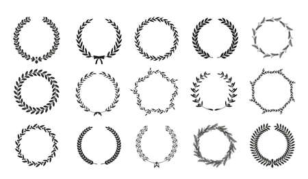 Golden vector laurel wreaths on black background. Set of foliate award wreath for cinema festival.Vector illustration.のイラスト素材