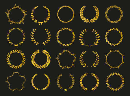 Golden vector laurel wreaths on black background. Set of foliate award wreath for cinema festival.Vector illustration.のイラスト素材