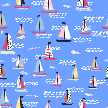 Seamless vector pattern with hand drawn sailing yachts with whales and fish. Summer bright background for fabric design.のイラスト素材