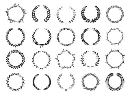 Golden vector laurel wreaths on black background. Set of foliate award wreath for cinema festival.Vector illustration.のイラスト素材