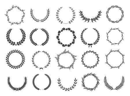 Golden vector laurel wreaths on black background. Set of foliate award wreath for cinema festival.Vector illustration.のイラスト素材