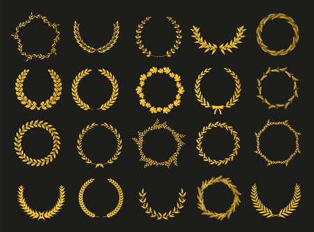 Golden vector laurel wreaths on black background. Set of foliate award wreath for cinema festival.Vector illustration.のイラスト素材