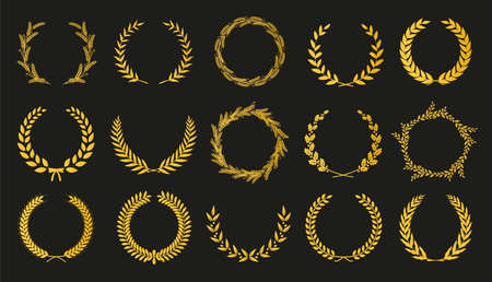 Golden vector laurel wreaths on black background. Set of foliate award wreath for cinema festival.Vector illustration.のイラスト素材