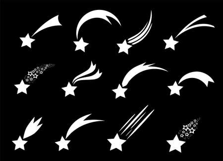 Shooting stars icons. Vector falling star silhouettes or comets isolated on black background. Golden star with tail illustration.のイラスト素材