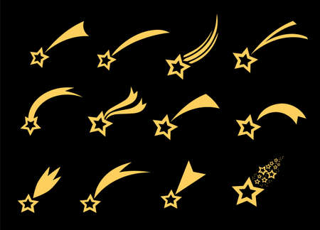 Shooting stars icons. Vector falling star silhouettes or comets isolated on black background. Golden star with tail illustration.のイラスト素材