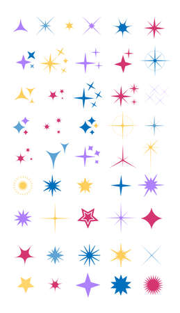 Collection of sparkle vector illustrations. Sparkles colorful symbols. Sparkle star. Glowing light effect star.のイラスト素材