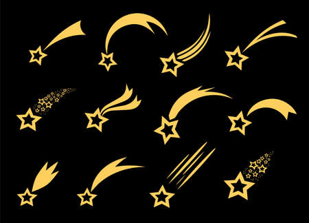 Shooting stars icons. Vector falling star silhouettes or comets isolated on black background. Golden star with tail illustration.のイラスト素材