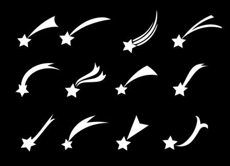 Shooting stars icons. Vector falling star silhouettes or comets isolated on black background. Golden star with tail illustration.のイラスト素材