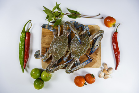 Raw crab on wooden plate with lemon, basil, pepper, tomato and garlic at white background, Sea food.の写真素材