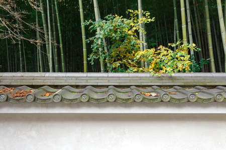 Leaves dried fall on japanese traditional tile roof with bamboo outdoor background Arashiyama, Kyoto, Japan.の写真素材