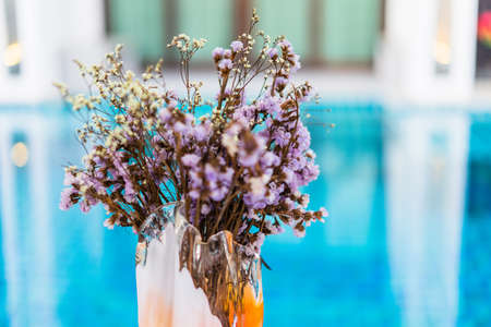 Dried flowers laid by the pool water during the evening sun.の写真素材