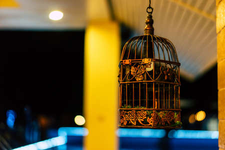Bird cage hanging on a pole in the night light.の写真素材
