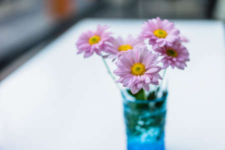 Purple flowers in a blue vase on the table in morning.の写真素材