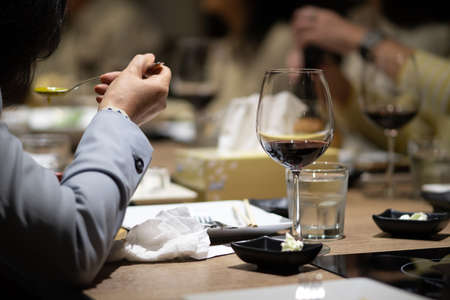 Wine glasses on the dining table in a fine restaurant