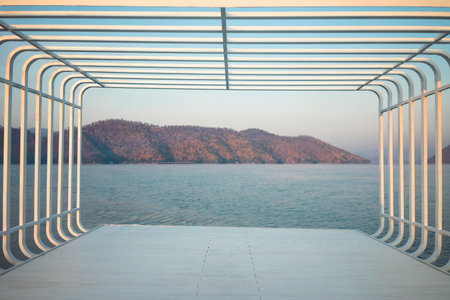 Large rectangular shape, photogenic view of the resort surrounded by mountains and water.の写真素材