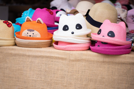 Fashion straw hats for women and children, colorful.の写真素材