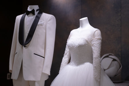 White wedding dress of the bride and groom in the wedding ceremony, wedding tradition.の写真素材