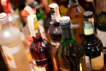 wine and drink bottles Bottles with different drinks.の写真素材
