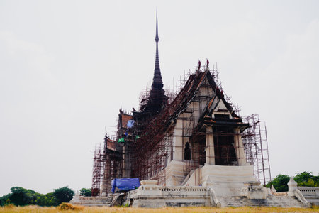 The temple in the countryside is repairing the construction of the structure. Restoring the temple...