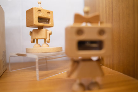 Pencil sharpener in the form of a wooden robot. DIY idea. Recycled materials.の写真素材