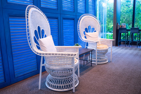 A white rattan chair with soft cushions rests on a rug in this bright blue living room.の写真素材