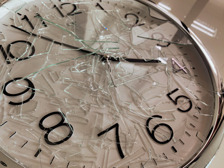 Clock with cracked glass and shattered art view.の写真素材