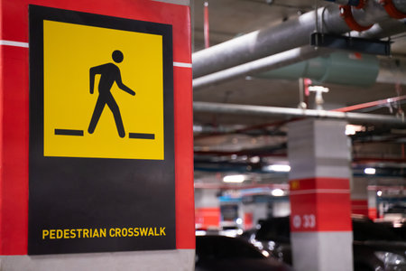 Traffic signs in shopping mall parking Please be careful of people crossing the road.の写真素材