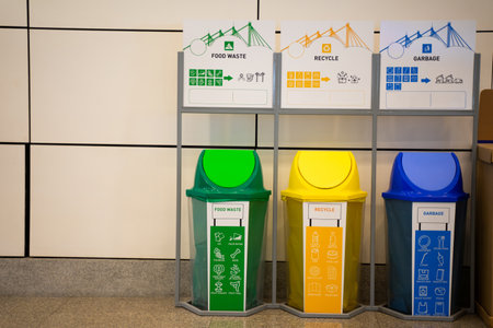 Different types of trash cans set apart Recycling and waste separation, environmentally friendly concept.の写真素材