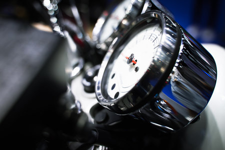 Side view of a black dial showing the speed of a vintage motorcycle.の写真素材