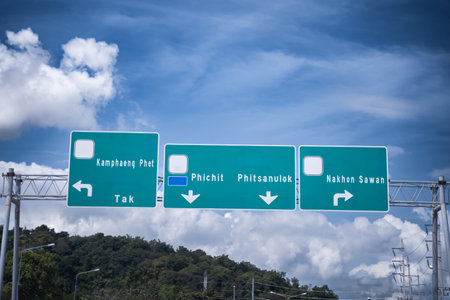 Highway with traffic signs with road signs ,Road trip concept.の写真素材