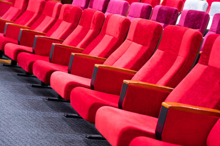 Comfortable Empty Red Seats In Movie Theaters, Banquet Hall Auditoriums.