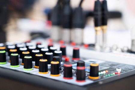 Hi-Fi system console control panel audio equipment Close-up of digital studio mixer control panel...