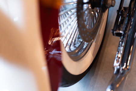 Motorcycle wheels with spokes and alloy wheels with brake and clutch systems. Focus on the spokes.の写真素材