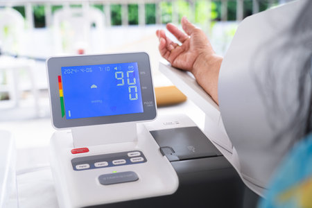 An elderly woman is being measured with an automatic blood pressure and heart rate monitor inserted...