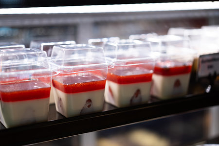 Cakes and sweets on the front of a small coffee shop, bokeh light background.の写真素材