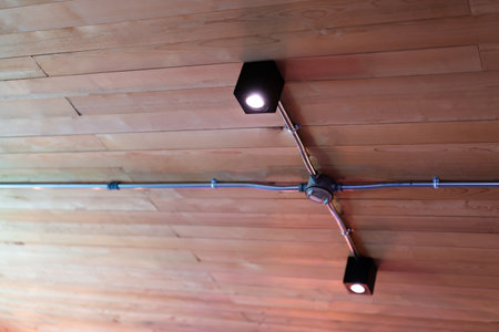 Black lamp mounted on wooden ceiling in living room.の写真素材