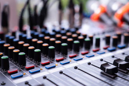 Hi-Fi system console control panel audio equipment Close-up of digital studio mixer control panel Use blurring techniques.の写真素材