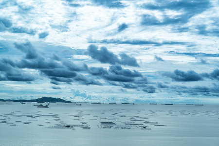 The seascape on a day with a blue sky has a blue tone that gives an artistic and comfortable mood and feeling.の写真素材