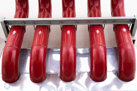 Large metal industrial red pipe control system of industrial plants, installed on the outside wall of the building.の写真素材