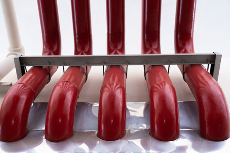 Large metal industrial red pipe control system of industrial plants, installed on the outside wall of the building.の写真素材