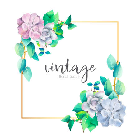 vintage floral bouquets with golden frame vector design illustrationのイラスト素材