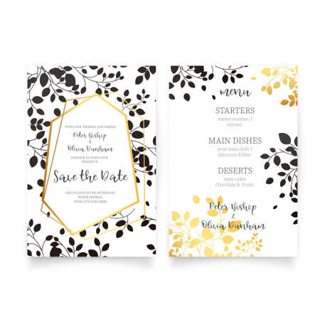 elegant wedding invitation menu with golden black leaves template design vector illustrationのイラスト素材