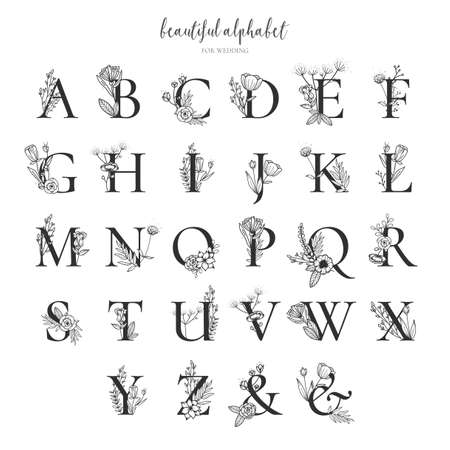 beautiful alphabet collection with hand drawn floral ornamentsのイラスト素材
