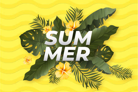 realistic summer banner with tropical leaves background vector design illustration