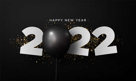 happy new year 2022 card banner with realistic black balloon vector design illustrationのイラスト素材