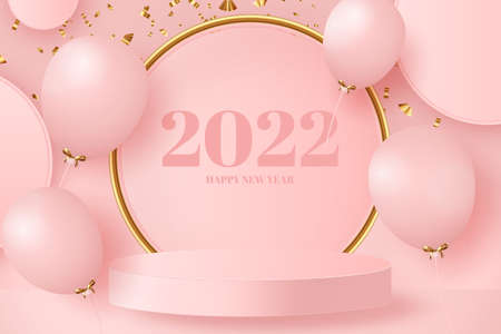 happy new year 2022 with realistic podium 3d vector vector design illustrationのイラスト素材