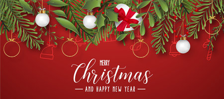 merry christmas happy new year background with flat leaves vector design illustrationのイラスト素材