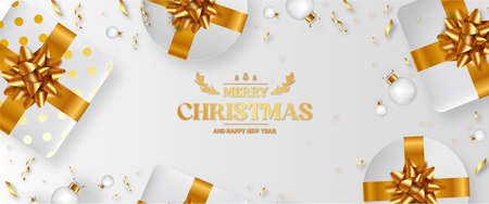 merry christmas happy new year white background with 3d gift vector design illustrationのイラスト素材